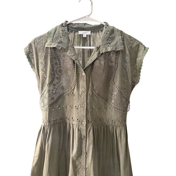 A Loves A Sheer Eyelet Lace Button Front Olive Dress Size XS Pre-Owned EUC - Picture 4 of 6